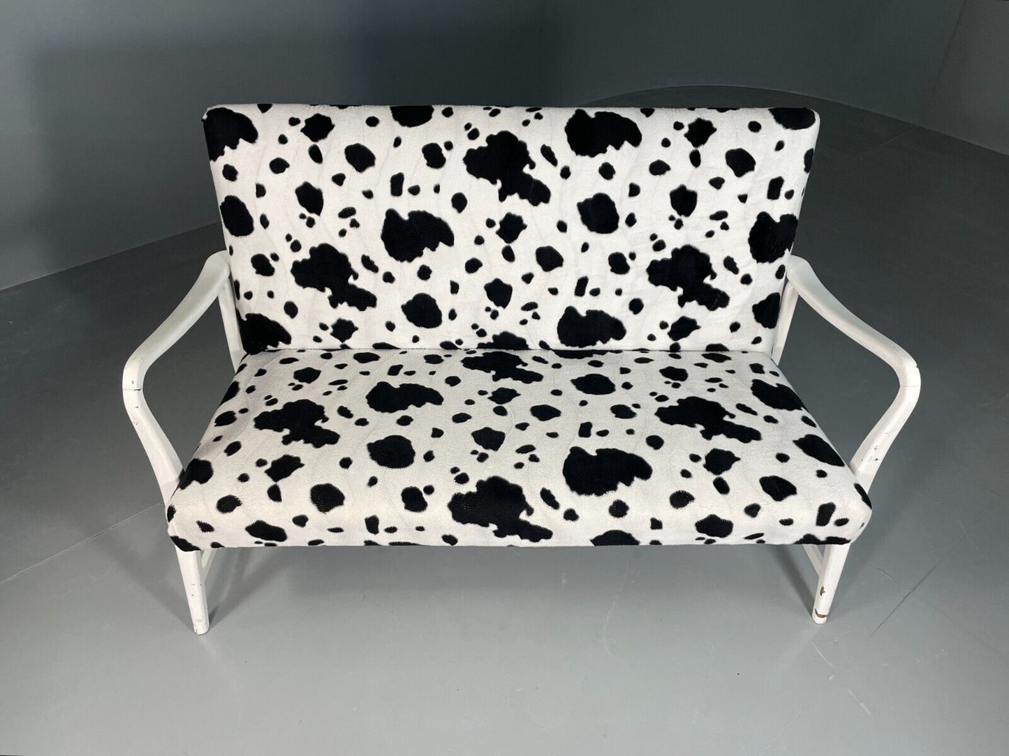 EB6448 Vintage 2 Seat Danish Sofa Painted White Cow Print Cover Retro MCM M2SS