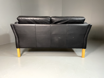 EB6317 Vintage Danish 2 Seat Leather Sofa Black Retro MCM M2SS