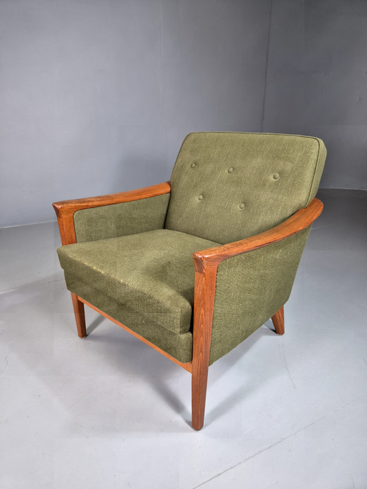 Vintage Swedish Lounge Chair Green Wool Teak Arms 1960s Retro MCM EB7509 MNOR