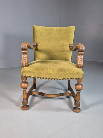 Vintage Danish Olive Green Velour Carved Oak Arm Chair Studded EB8050 VCAR