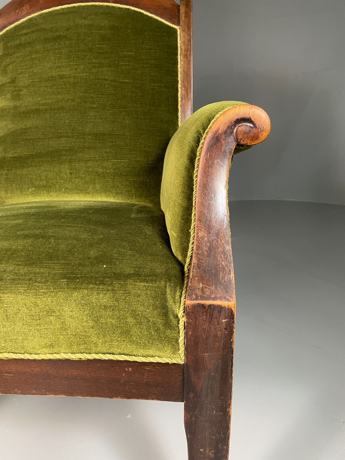 EB6469 Antique Danish Armchair Green Velour Stained Oak Vintage VCLO