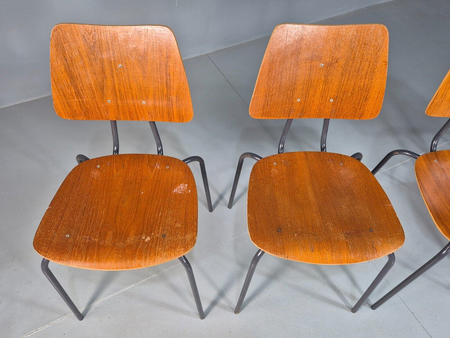 4 Vintage Danish Stacking Chairs Teak Plywood Steel Frame 1960 Retro EB8367 MSTA