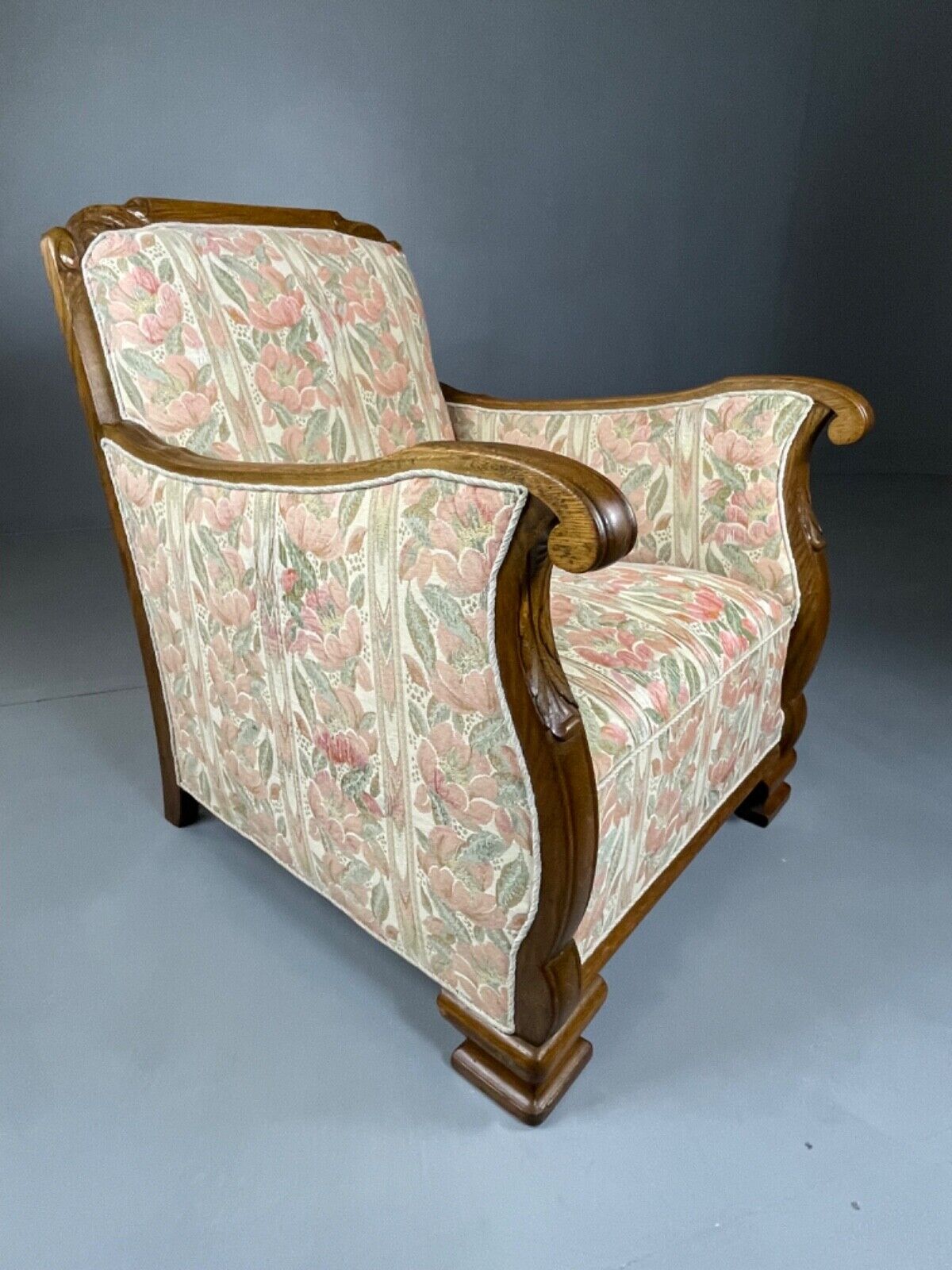 EB4510 Danish Circa 1930s Oak Framed Floral Upholstered Armchair, Retro, VCAR