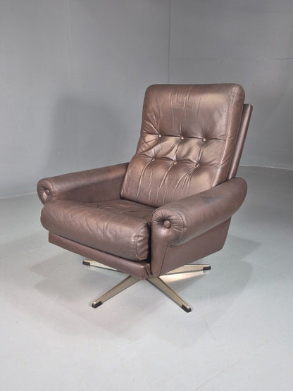 Vintage Danish Swivel Chair Brown Leather 1970s Retro MCM EB7780 MSWI