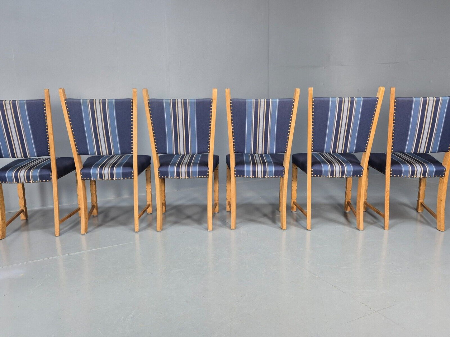 6 Vintage Danish Dining Chairs Blue Wool Oak Kjaernulf Style 1970s EB8300 MDIN