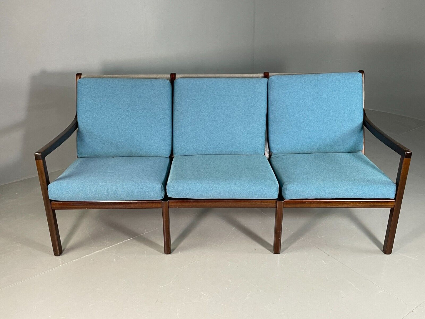 EB6724 Vintage Danish 3 Seat Sofa Blue Mahogany Ole Wanscher MCM Retro M3SS