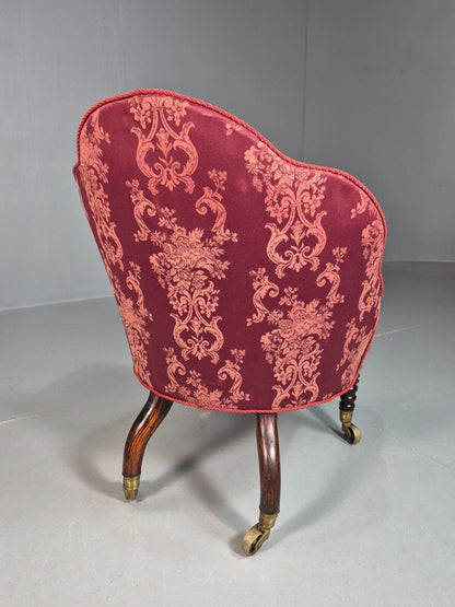 Antique Danish Occasional Chair Pink Satin Floral Motif Oak Brass EB8051 VCLO