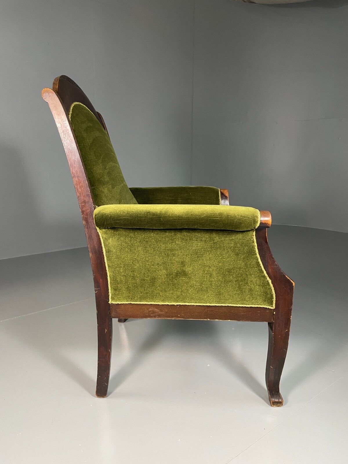 EB6469 Antique Danish Armchair Green Velour Stained Oak Vintage VCLO