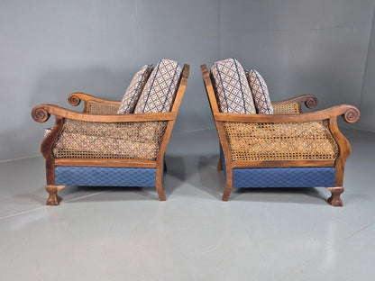 2 Vintage Lounge Chairs Blue Cream upholstery Bergere 1900s Antique EB7881 VBER