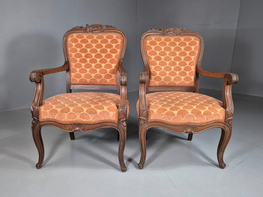 Vintage Fautueil Chairs Orange Upholstery Mahogany Antique  EB7380 VCLO