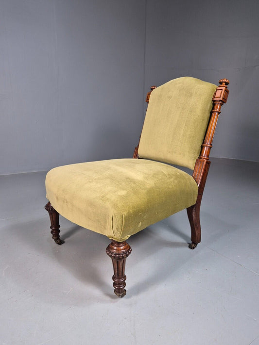 Vintage Lounge Chair Green Velour Oak Frame Parlour Suite Edwardian EB8207 VCLO