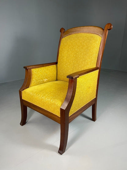 EB6584 Vintage Danish Lounge Chair Yellow Moquette Mahogany Antique Throne VCLO