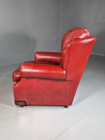 EB7240 Vintage Chesterfield Style Lounge Chair Red Leather Wood Trim 1980s VCHE