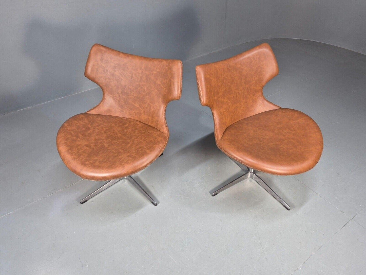 2 Vintage Danish Swivel Chairs Brown Faux Leather Retro Style EB8529 MSWI