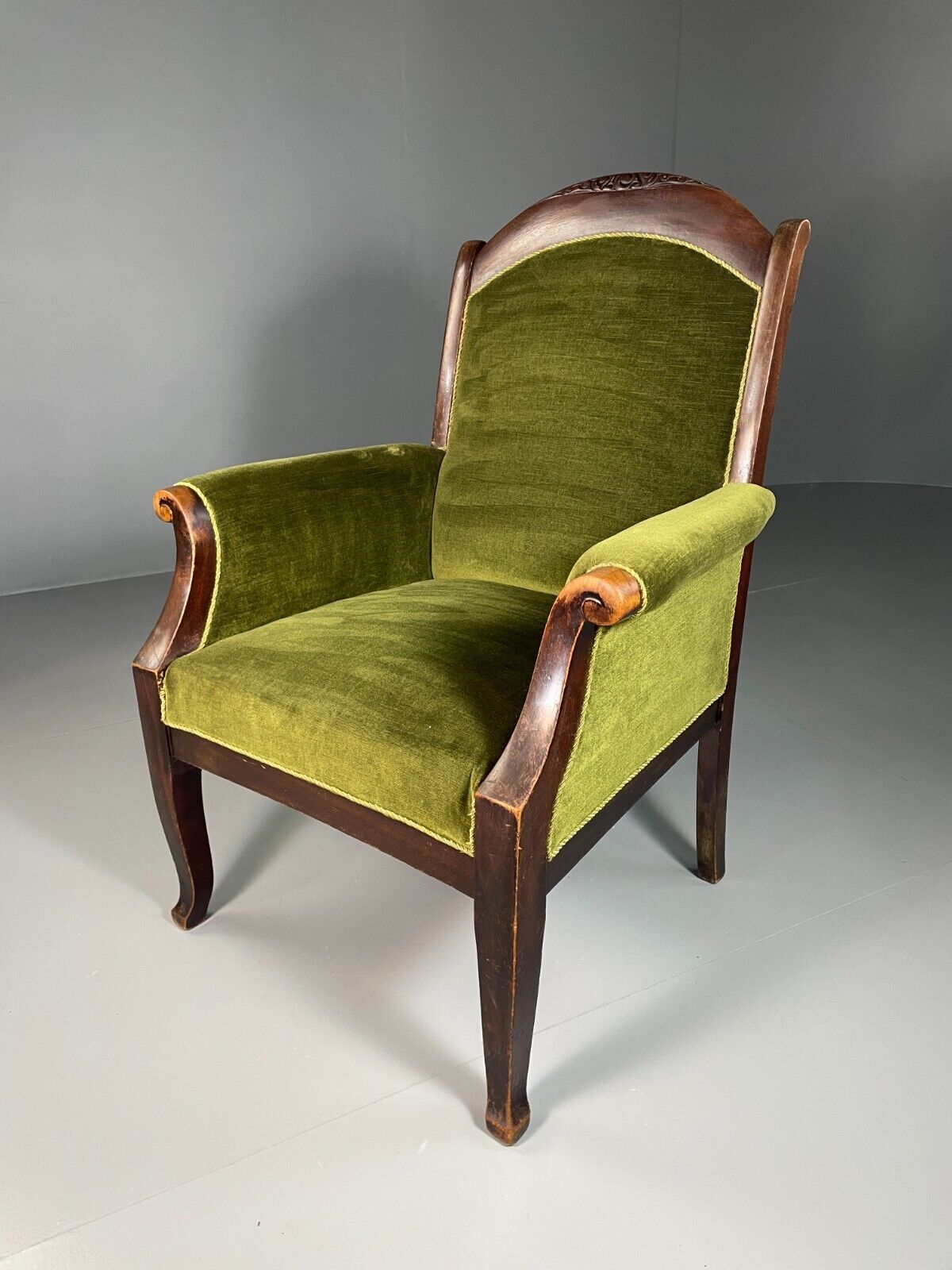 EB6469 Antique Danish Armchair Green Velour Stained Oak Vintage VCLO