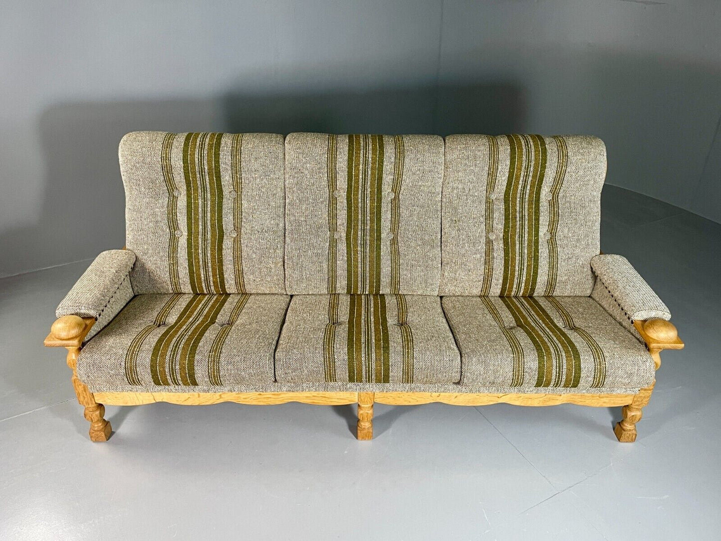 EB6507 Vintage Danish 3 Seat Sofa Grey Green Wool Oak Frame 1970s Retro V3SS