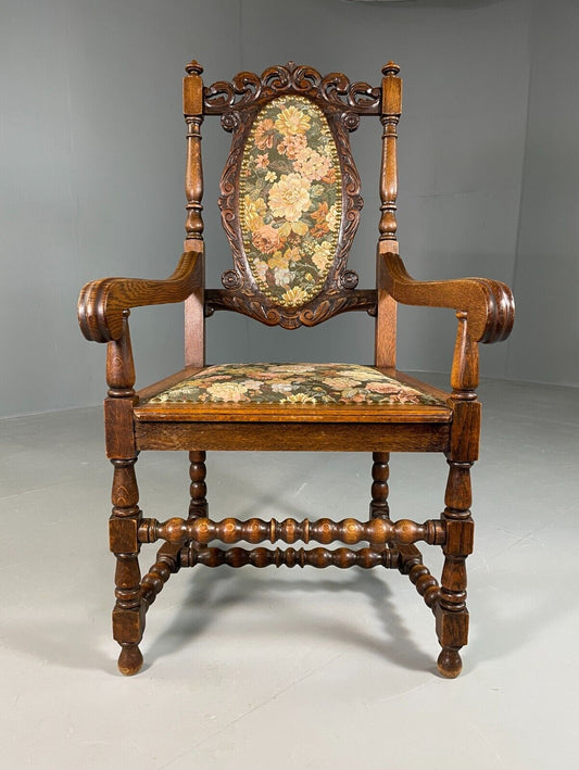 EB6653 Vintage Danish Elbow Chair Floral Oak Frame Baroque Antique Style VCLO