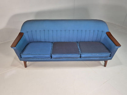 Vintage Swedish 3 Seat Sofa Blue Cotton Wood Arms 1960 Retro MCM EB7594 M3SS