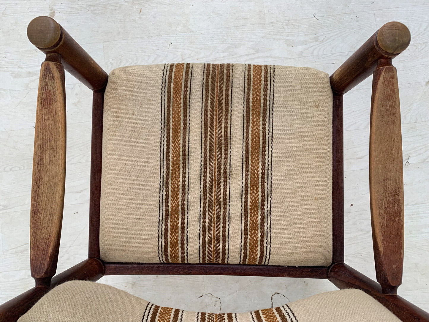 EB3476 Danish Stained Beech & Brown Striped Wool Elbow Chair Retro Vintage MDIN