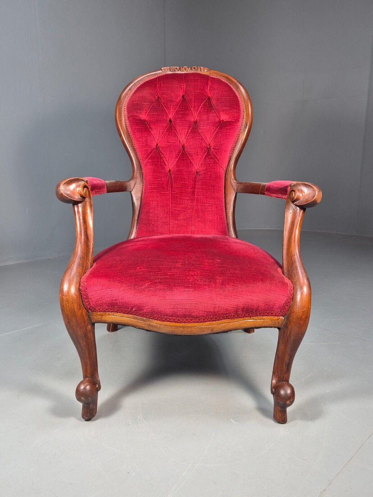 Vintage Fauteuil Chair Red Buttoned Velour Mahogany Antique 1900s  EB8440 VCAR