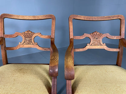 EB6953 2 Vintage Danish Elbow Chairs Oak Gold Upholstery Antique VCAR