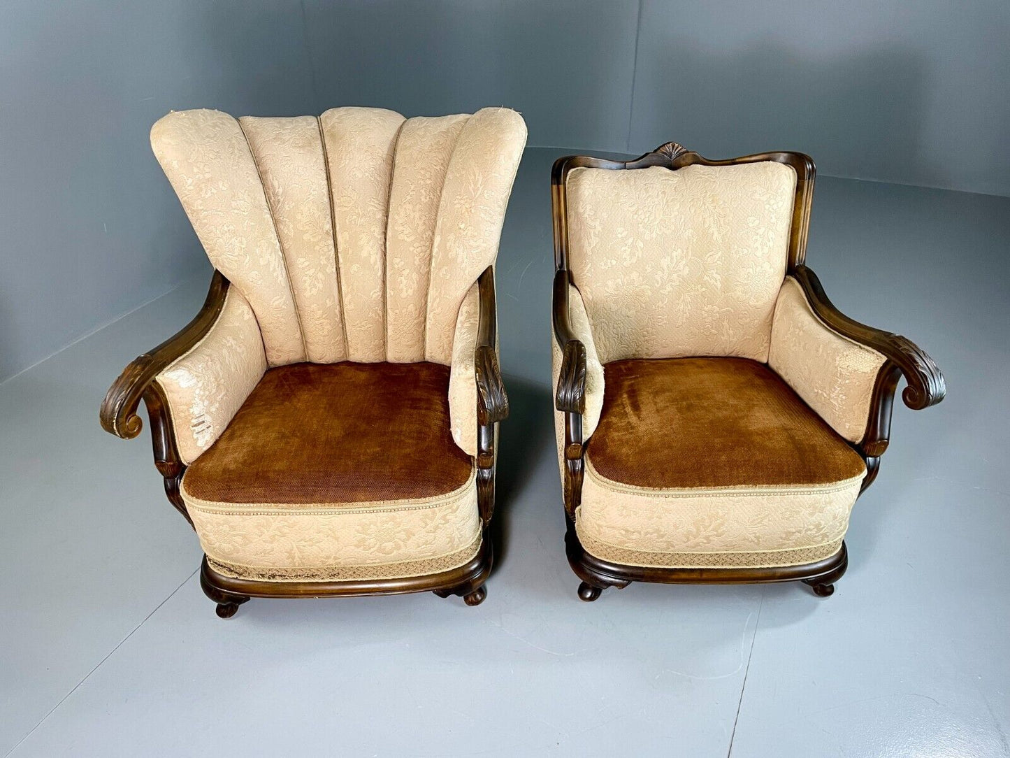 EB6395 2 Vintage Danish Lounge Chairs Antique Deco Cabriole Leg Brocade VCLO