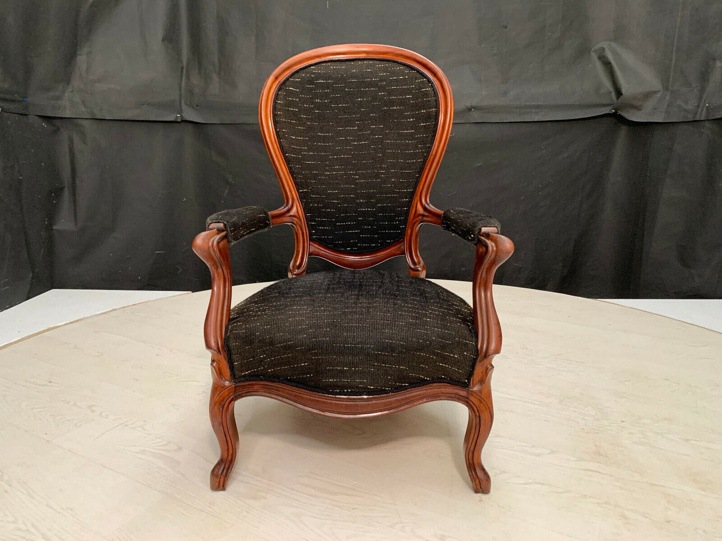 EB2268 Danish Carved Mahogany  & Black Wool Highback Antique Chair Vintage VCAR