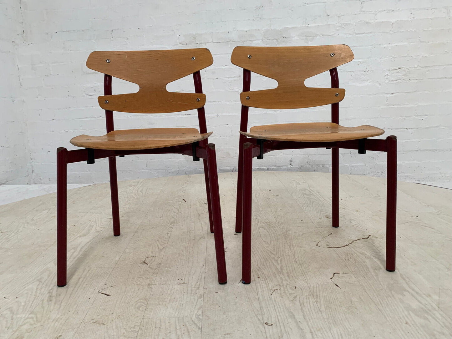 EB3633 Pair of Randers Beech & Burgundy Steel Childrens Stacking Chair MSTA