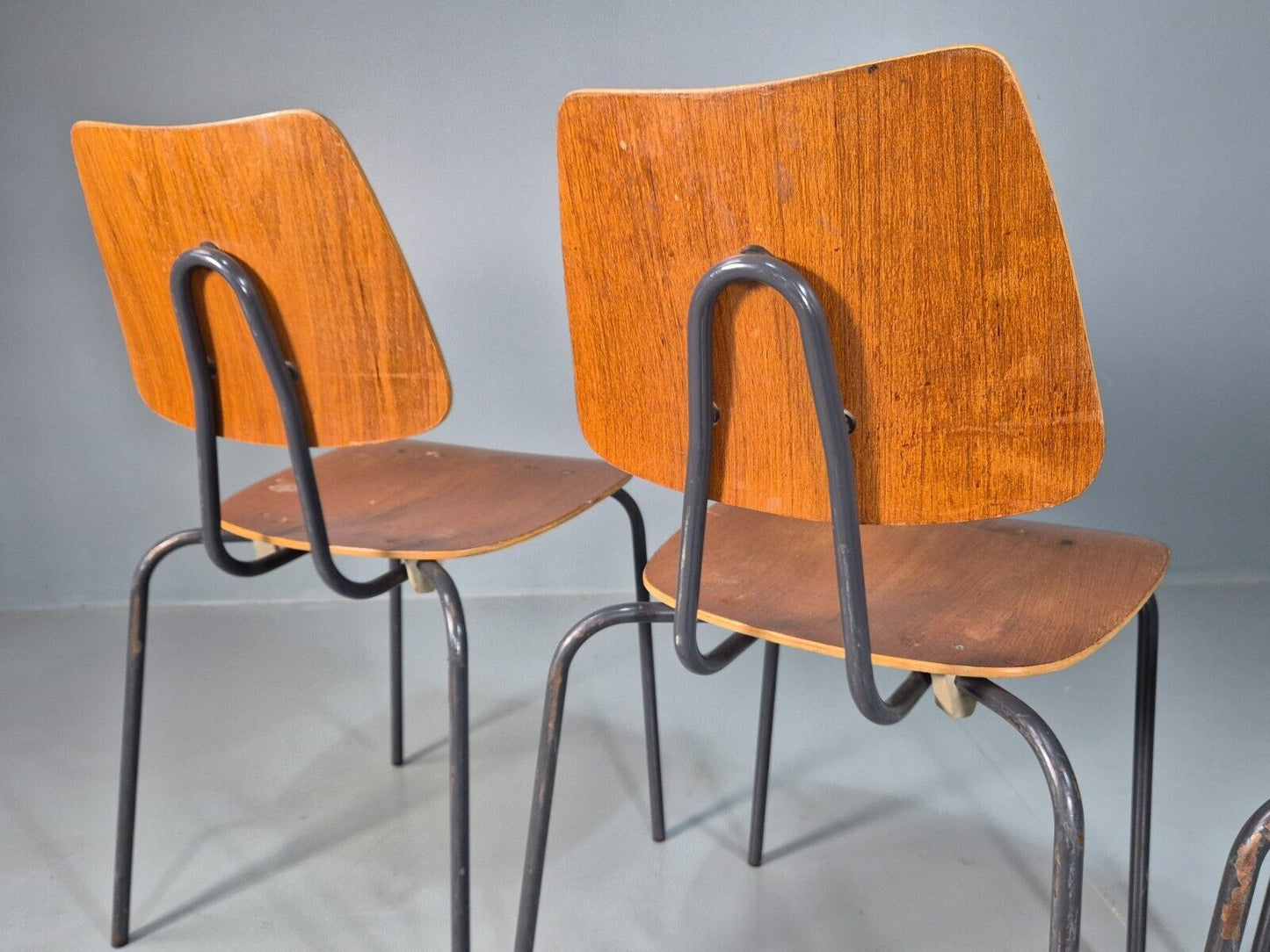 4 Vintage Danish Stacking Chairs Teak Plywood Steel Frame 1960 Retro EB8367 MSTA