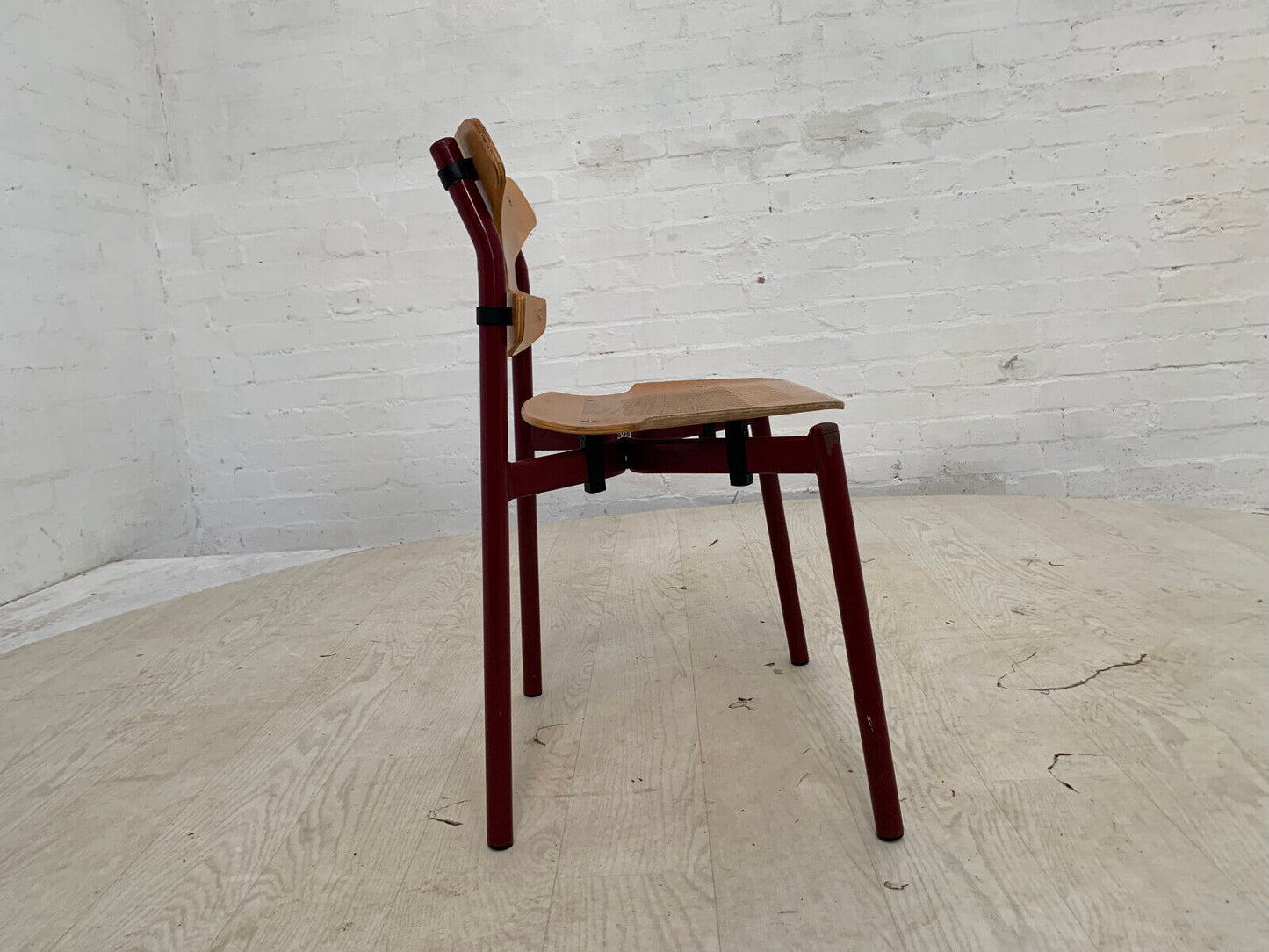 EB3636 Danish Beech & Burgundy Steel Childrens Stacking Chair Randers MSTA