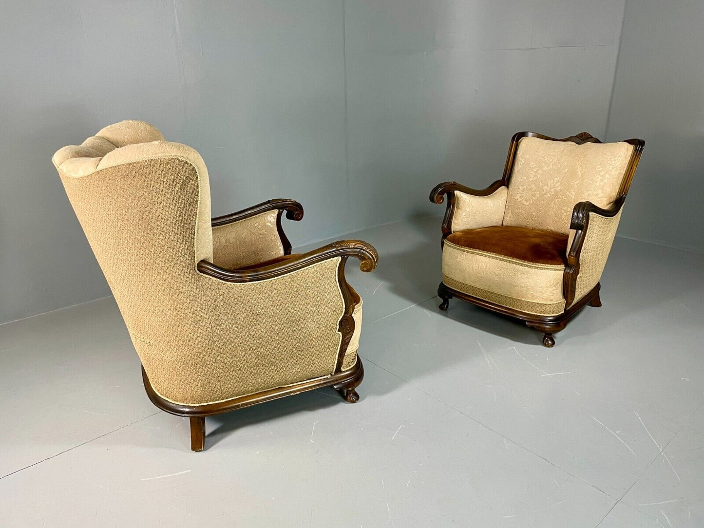 EB6395 2 Vintage Danish Lounge Chairs Antique Deco Cabriole Leg Brocade VCLO