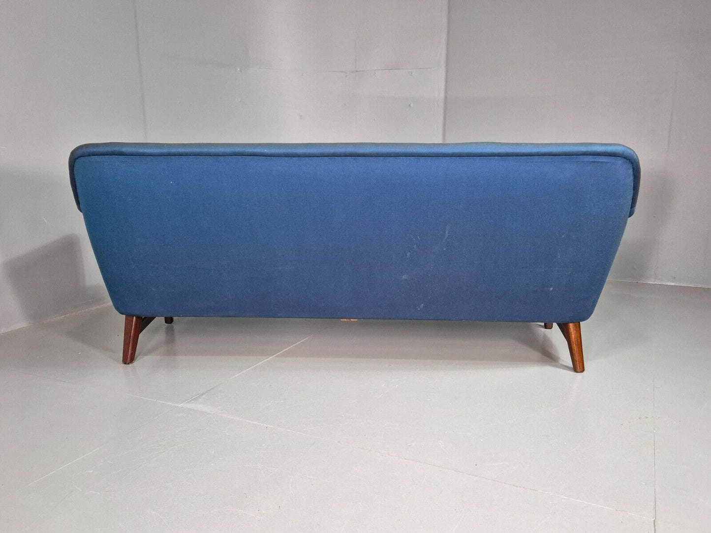 Vintage Swedish 3 Seat Sofa Blue Cotton Wood Arms 1960 Retro MCM EB7594 M3SS