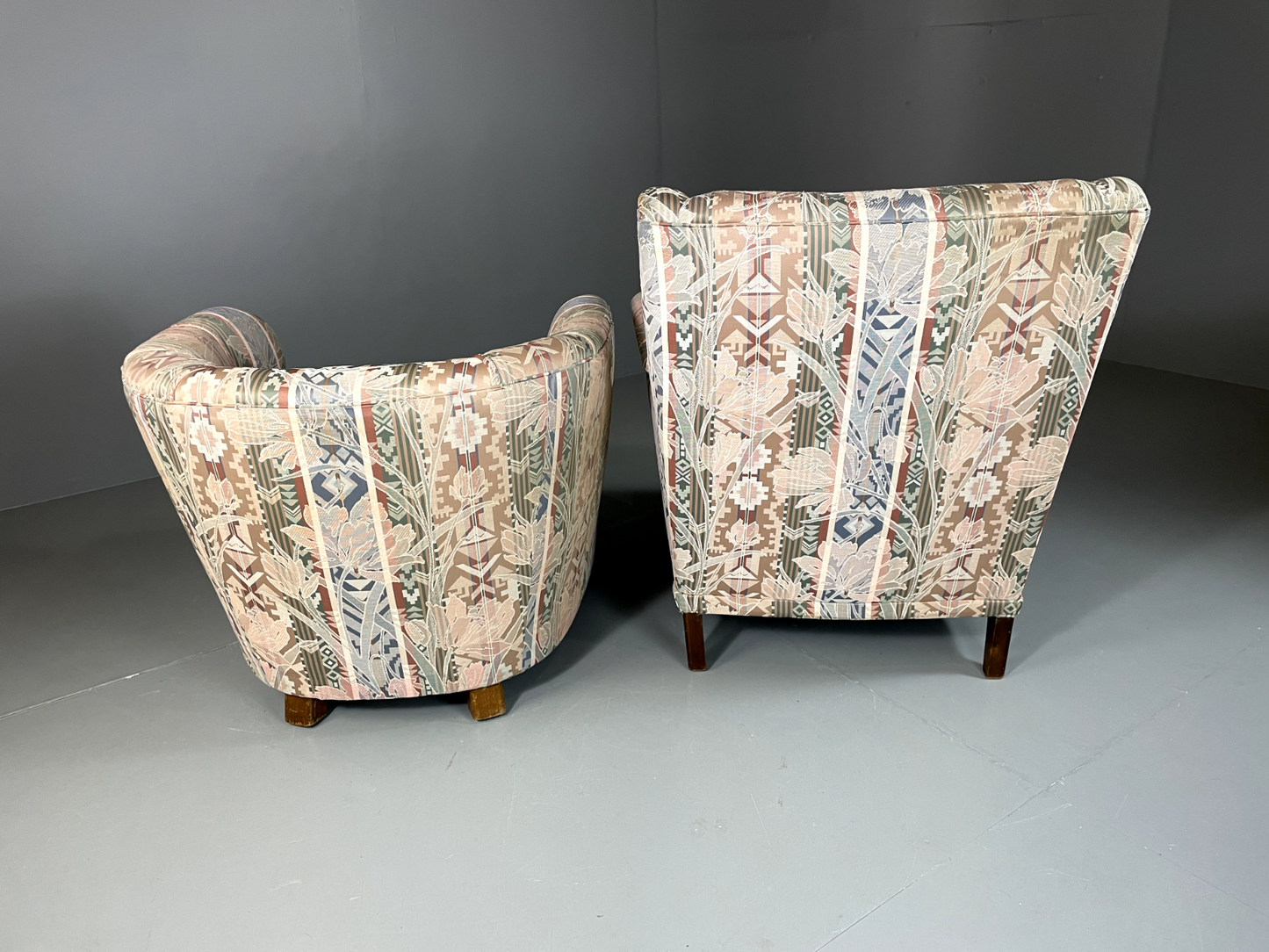 EB5311 Vintage Danish Pair of Armchairs Bold Print Fabric Beech Feet VCLO