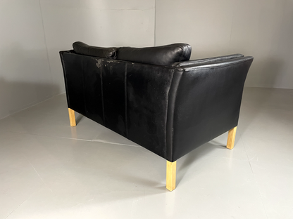 EB5698 Vintage Danish 2 Seat Black Leather and Vinyl Sofa, Retro, MCM M2SS