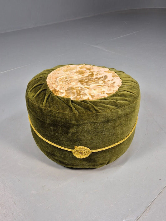 Vintage Footstool Green Velour Floral 1970s Kitsch EB8651 MFOO