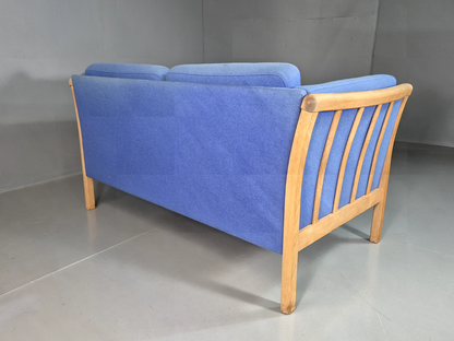 EB7333 Vintage Danish 2 Seat Sofa Blue Wool Beech Frame 1980s Retro MCM M2SS