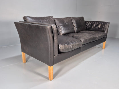 Vintage Danish 3 Seat Sofa Black Leather Straight Back Retro 1980s EB8619 M3SS