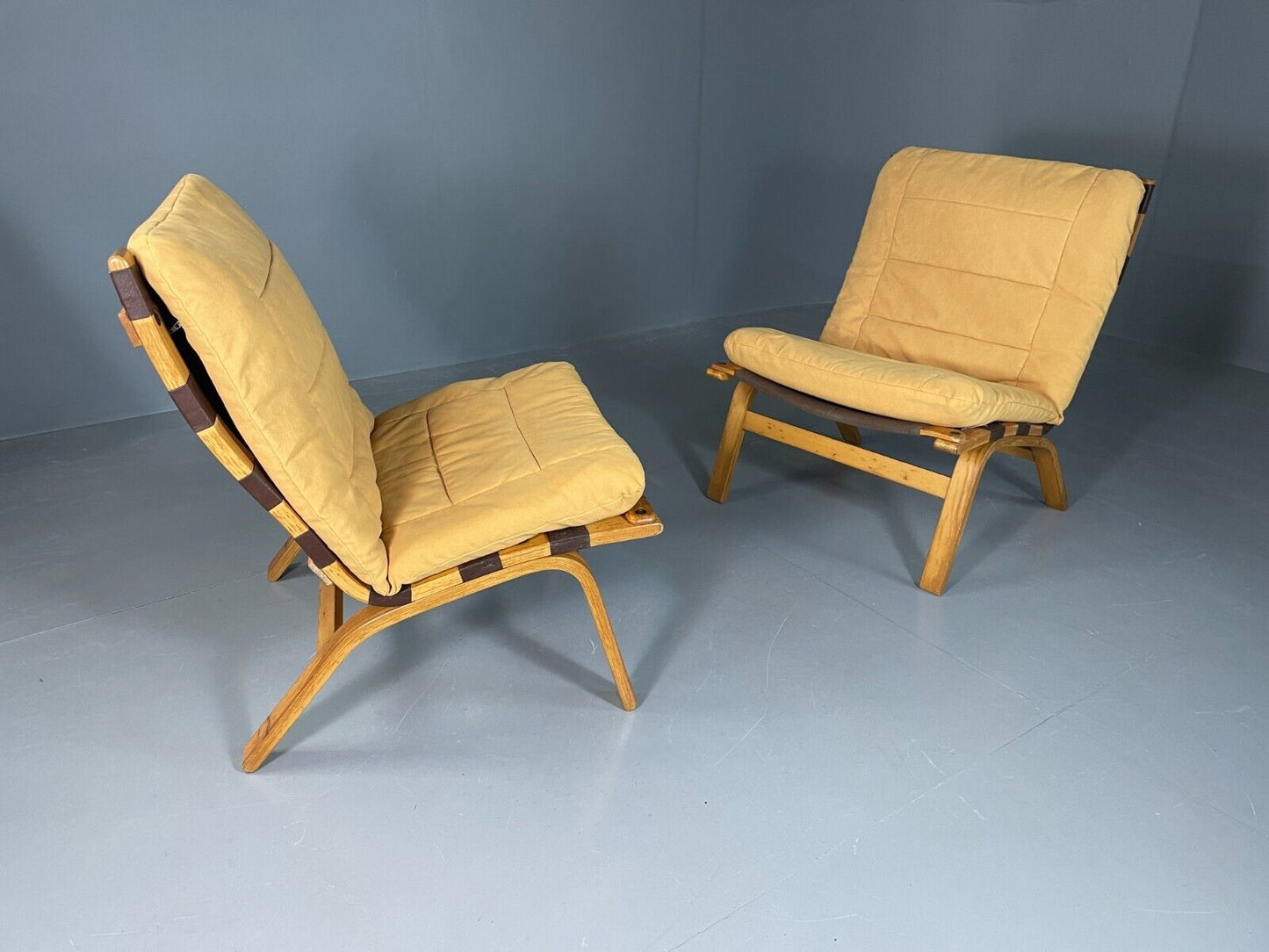 EB6631 2 Vintage Danish Lounge Chairs Yellow Cotton Bentwood Retro MCM MBEN