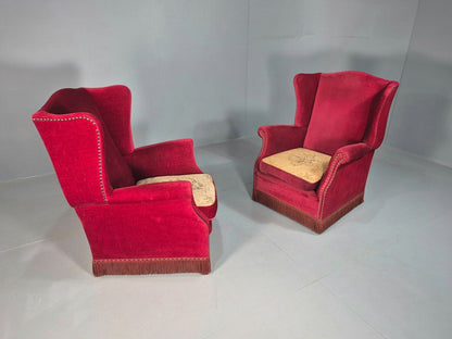 Pair Vintage Danish Wing Back Red Velour Studded Armchairs EB8059 VCLO