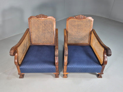 2 Vintage Lounge Chairs Blue Cream upholstery Bergere 1900s Antique EB7881 VBER