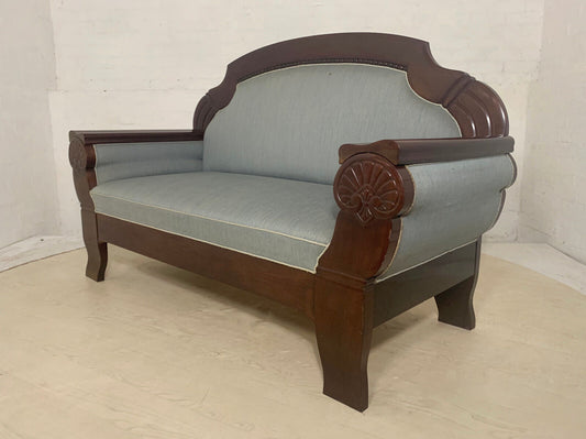 EB3785 Danish 1930s Mahogany & Light Blue Fabric Three Seater Sofa Vintage V3SS