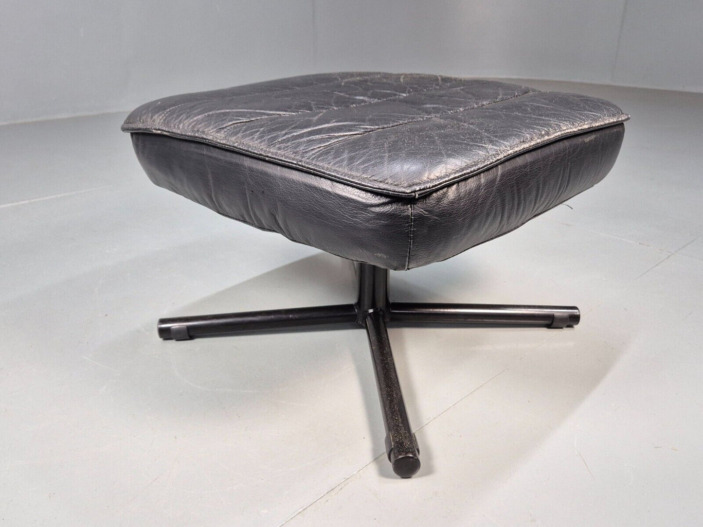 Vintage Danish Black Leather Footstool Black Metal Base EB8692 MFOO