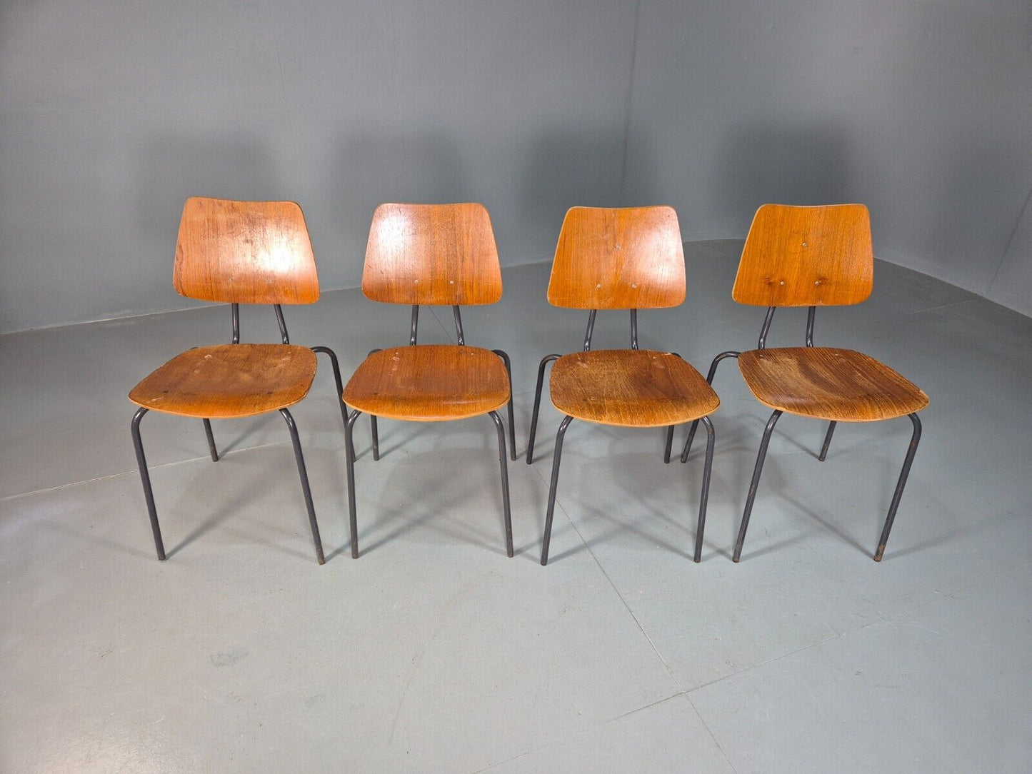 4 Vintage Danish Stacking Chairs Teak Plywood Steel Frame 1960 Retro EB8365 MSTA