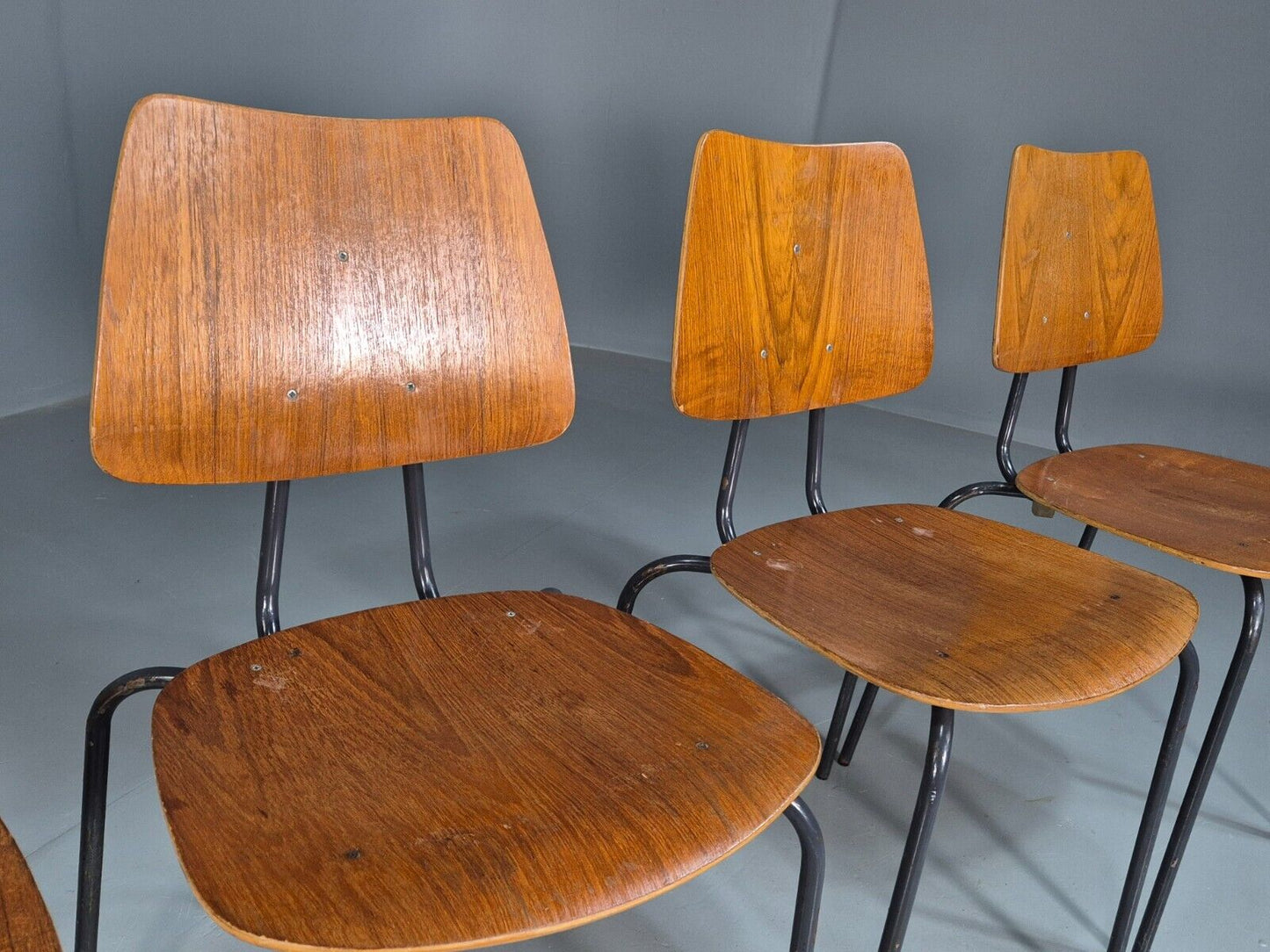 6 Vintage Danish Stacking Chairs Teak Plywood Steel Frame 1960 Retro EB8369 MSTA