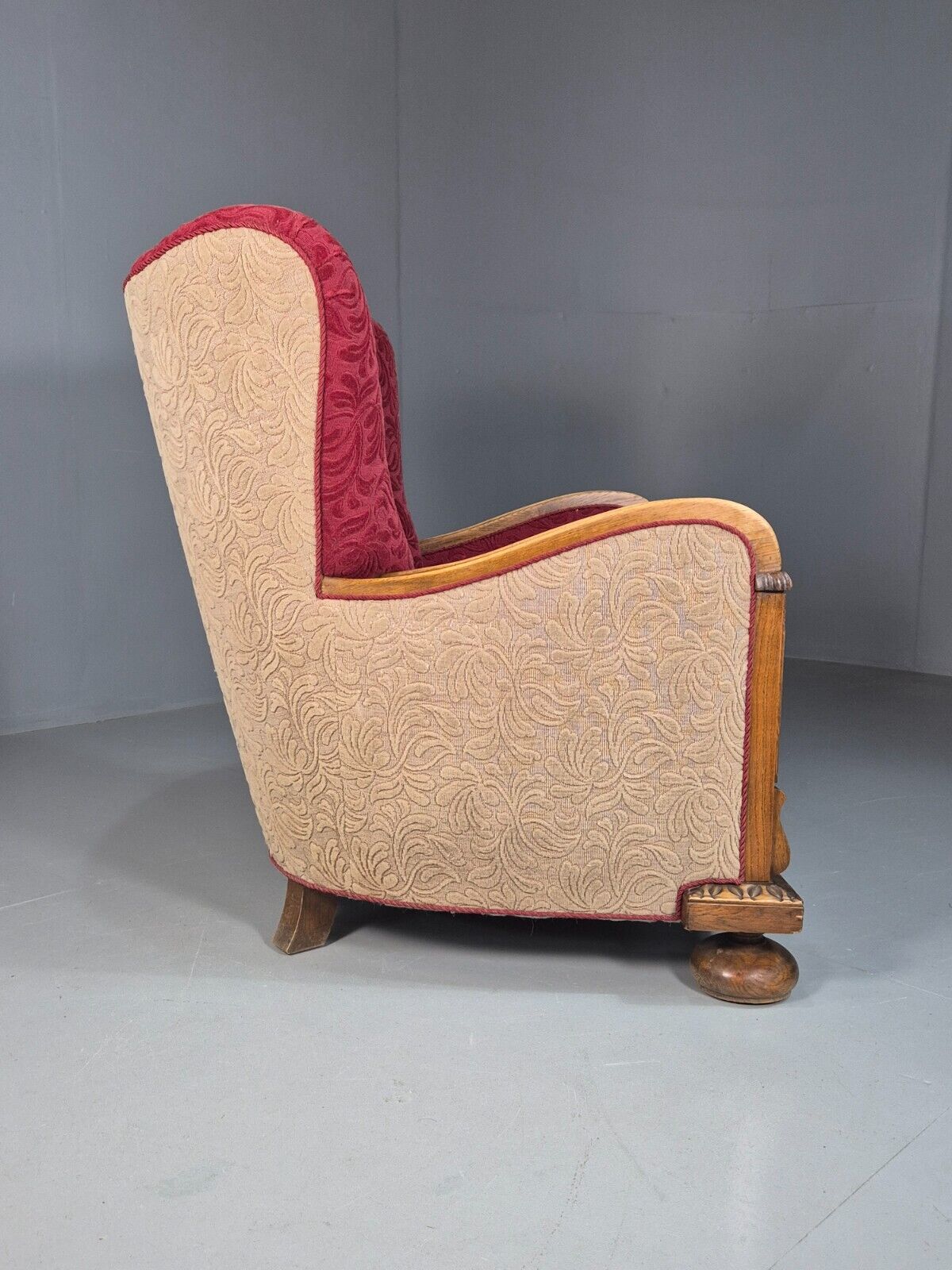 Vintage Danish Lounge Chair Red Moquette Oak Shell Back Antique 1930 EB8280 VCLO