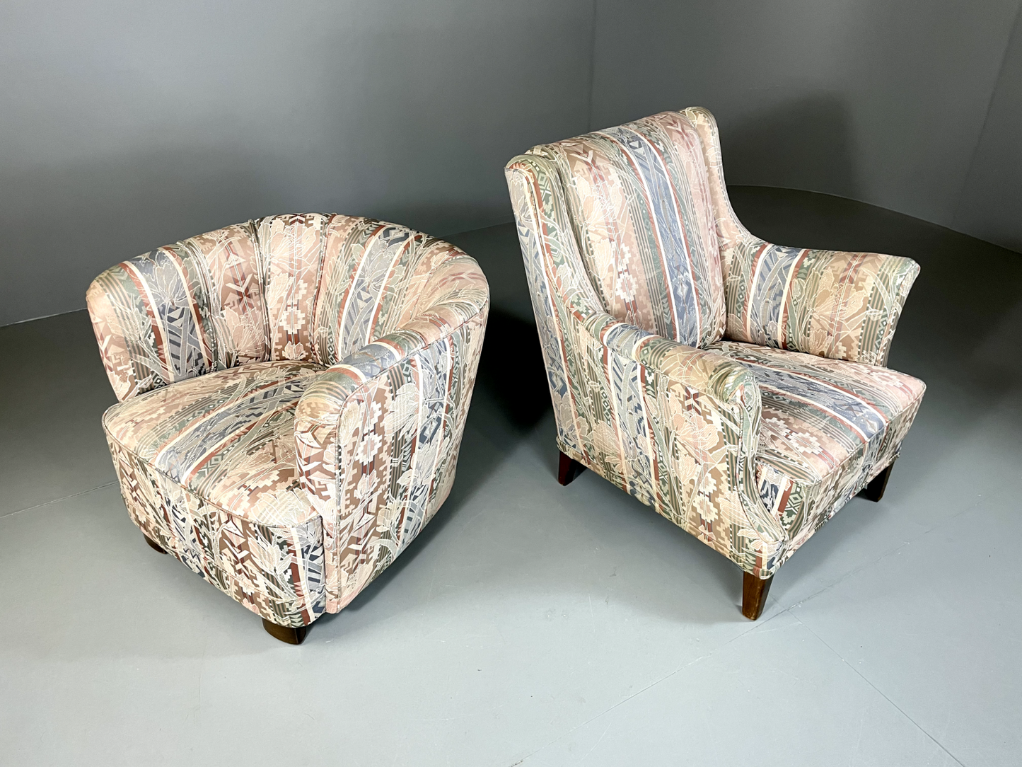 EB5311 Vintage Danish Pair of Armchairs Bold Print Fabric Beech Feet VCLO