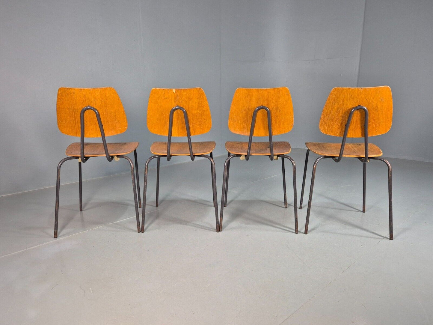 4 Vintage Danish Stacking Chairs Oak Plywood Steel Frame 1960s Retro EB8381 MSTA