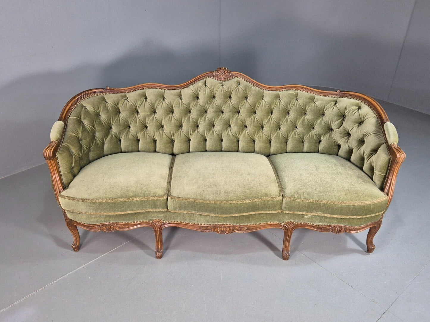 Vintage Three Seat Sofa French Regency Beech And Green Velour Button EB8012 V3SS