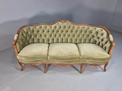 Vintage Three Seat Sofa French Regency Beech And Green Velour Button EB8012 V3SS