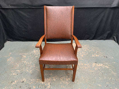 EB1949 Danish Oak & Brown Vinyl High-Back Arm Chair Elbow Desk Vintage VDIN